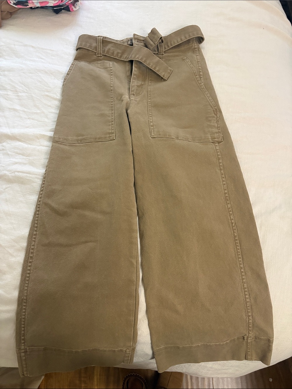 Madewell Khaki Wide-Leg Cropped Belted Pants